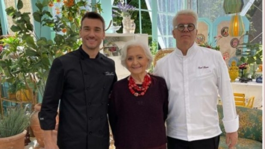 Damiano a Bake Off con gli altri giudici, Clelia d'Onofrio e Ernst Knam. 