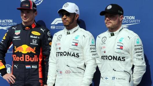 Da sinistra Verstappen, Hamilton e Bottas. Lapresse