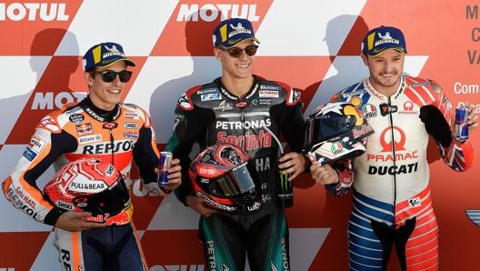 La prima fila del GP di Valencia: Marc Marquez, Fabio Quartararo e Jack Miller. Afp