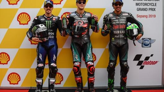 Da sinistra Maverick Vinales, Fabio Qiartararo e Franco Morbidelli. Afp