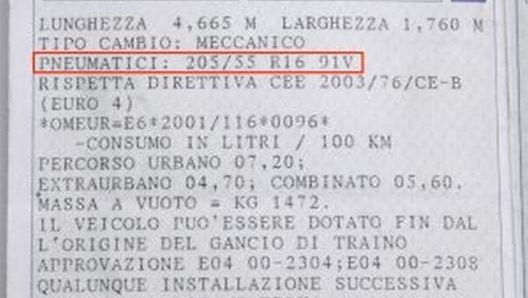 Sul libretto di circolazione, sulla parte bassa vengono riportate tutte le misure dei pneumatici omologati e previsti su quella specifica auto