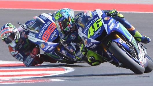 Rossi e Lorenzo su Yamaha al GP San Marino 2015. ANSA