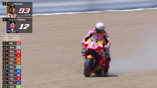 Marquez al quinto giro quando esce di pista e dopo una escursione sulla sabbia rientra sull’asfalto