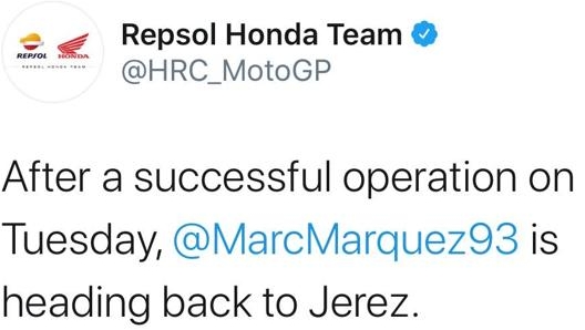 Il tweet con cui la Honda annuncia la presenza di Marquez a Jerez per il GP di Andalusia