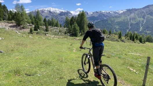 Le nevi dello Stelvio e dell’Ortles sullo sfondo durante l’escursione Val Müstair Enduro Tour. Masperi