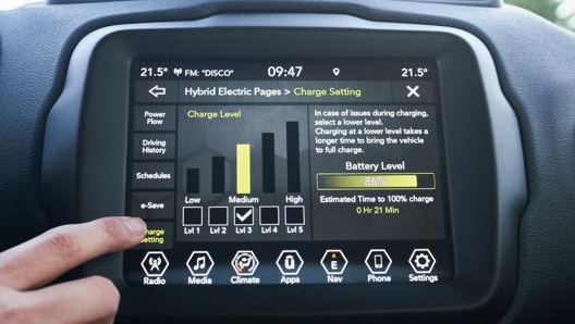 Un menu di gestione del sistema ibrido sulla Renegade 4xe