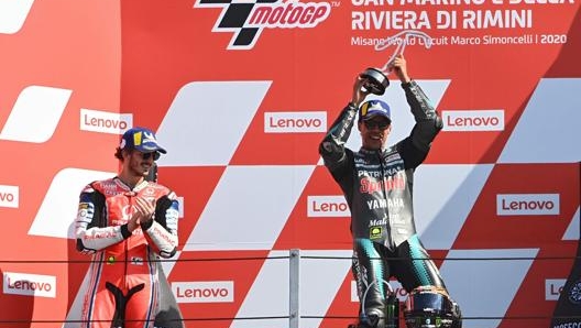 Franco Morbidelli festeggia la vittoria a Misano davanti a Bagnaia. Afp