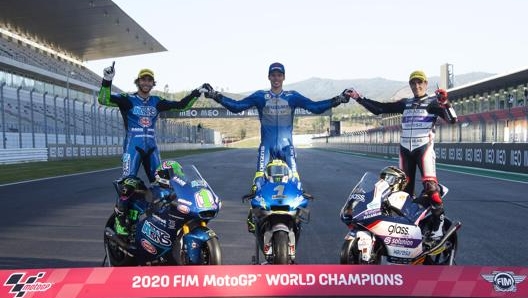 I campioni delle tre classi. Da sinistra: Enea Bastianini (Moto2), Joan Mir (MotoGP), Albert Arenas (Moto3). Getty