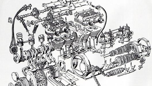 Il disegno di uno spaccato reale della Benelli 250 quattro cilindri