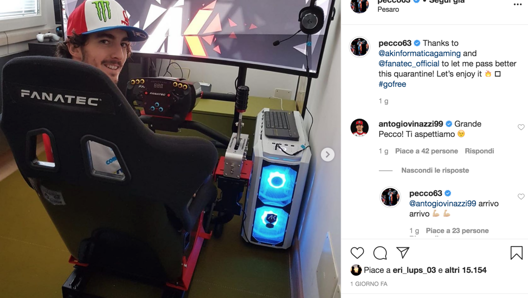 Bagnaia si diverte con il simulatore Fanatec (e risponde ad Antonio Giovinazzi)