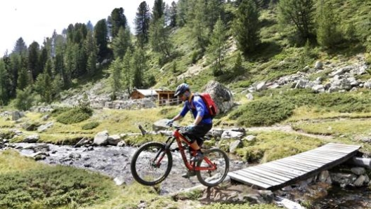 Un biker impegnato su un trail di montagna