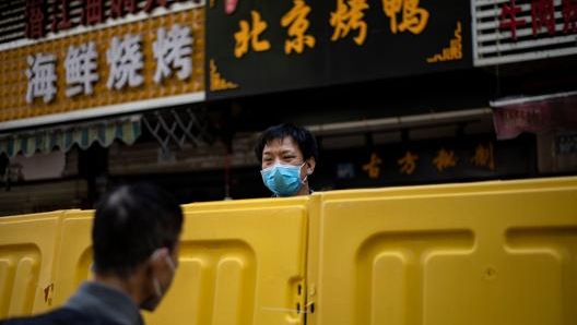 Un uomo si affaccia da un delle barriere poste attorno alle zone residenziali durante il blocco della circolazione. Afp