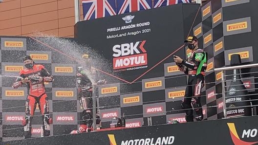 Il podio di Gara2 della Sbk ad Aragon