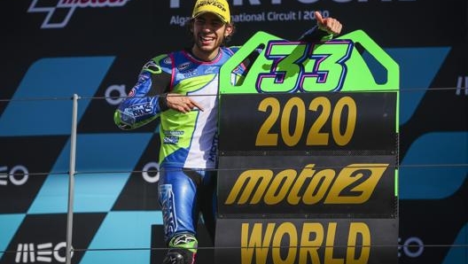 Enea Bastianini nel giorno della conquista del titolo Moto2. Epa