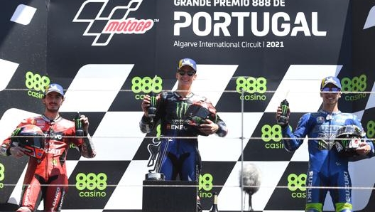 Il podio di Portimao: 1. Quartararo; 2. Bagnaia; 3. Mir. Afp