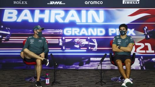 Sebastian Vettel e Lance Stroll durante la conferenza stampa. Ap