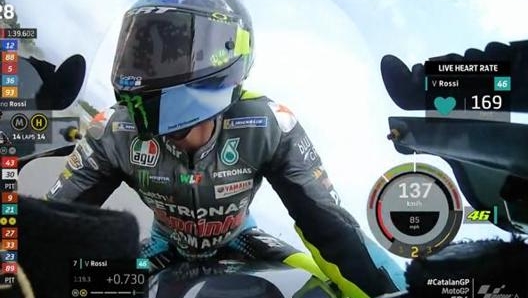 Valentino Rossi in azione: il suo cuore, come si vede nel dato in alto a destra, in questa fase ha una frequenza di 169 battiti/minuto