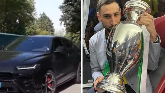 Donnarumma con la coppa e la sua Lamborghini Urus