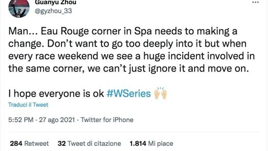 Il tweet del pilota di F2, Guanyu Zhou