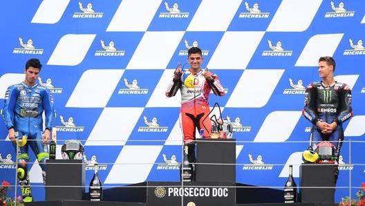 Il podio del GP di Stiria, con Martin, in mezzo a Mir e Quartararo. Afp