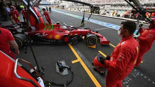 Charles Leclerc all'uscita del box Ferrari. Afp