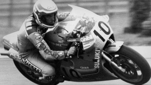 Uncini in gara nel Mondiale 500 del 1982. Ap