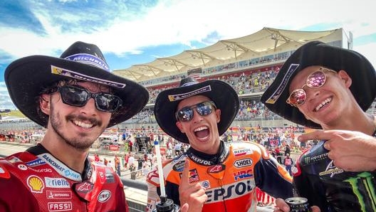 I tre sul podio: da sinistra Bagnaia, Marquez e Quartararo