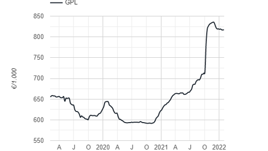 Le oscillazioni del prezzo del Gpl  da  gennaio 2019 a gennaio 2022 (Mise)