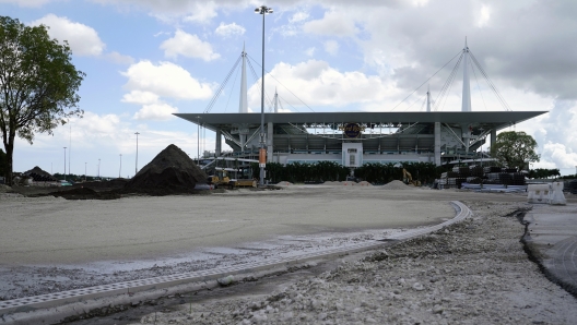 ATTN PAUL KAZDAN: Construction is ongoing outside of Hard Rock Stadium, Thursday, Sept. 23, 2021, where the first Formula One race in Miami will be held on May 8, 2022, in Miami Gardens, Fla. The Miami race at a new track named the Miami International Autodrome built around Hard Rock Stadium, will be the first of two U.S. events on the 2022 schedule. (AP Photo/Lynne Sladky)