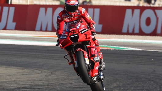 Ducati Italian rider Francesco Bagnaia rides during the third free practice session of the MotoGP Comunitat Valenciana Grand Prix at the Ricardo Tormo racetrack in Cheste, on November 13, 2021. (Photo by JOSE JORDAN / AFP)