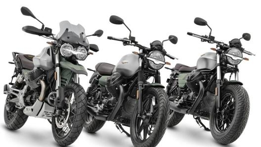 Da sinistra: la Moto Guzzi V85TT, la V7 e la V9 in livrea centenario