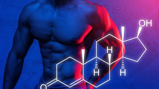 Muscular male torso and testosterone formula. Concept of hormone increasing methods.