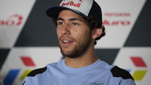 Italian rider Enea Bastianini of Gresini Racing MotoGP speak to journalist during a news conference prior to the MotoGP competition in the Grand Prix motorcycle racing at Pertamina Mandalika Circuit in Mandalika, Lombok Island, Indonesia. Thursday, March 17, 2022. The Motorcycle Grand Prix in Indonesia is scheduled for Sunday. (AP Photo/Achmad Ibrahim)