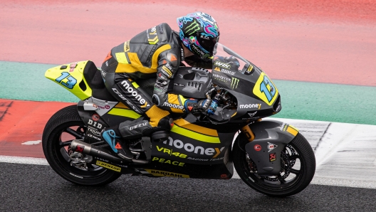 LOMBOK, INDONESIA - MARCH 19: Moto2 rider Celetino Vietti #13 of Italy and Mooney VR46 Racing team rides during the free practice 3 of the MotoGP Grand Prix of Indonesia at Mandalika International Street Circuit on March 19, 2022 in Lombok, Indonesia. (Photo by Robertus Pudyanto/Getty Images)