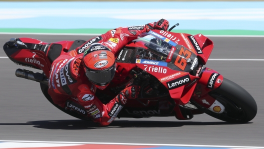 Italian rider Francesco Bagnaia of the Ducati Lenovo Team drives his motorcycle during the MotoGP free practice at the circuit in Termas de Rio Hondo, Argentina, Saturday, April 2, 2022. (AP Photo/Nicolas Aguilera)