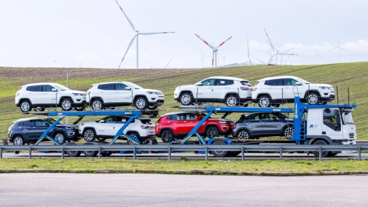 The cars produced in the Stellantis factory leave the Lucanian factory and are transported to the dealerships in San Nicola di Melfi (Potenza), 21 January 2021. About seven thousand people work in the Lucanian factory - where 500 X, Jeep Renegade and Compass are produced. ANSA / TONY VECE.