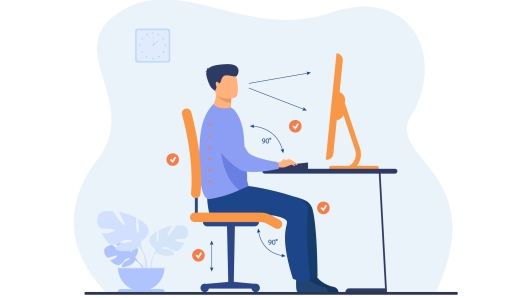 Instruction for correct pose during office work flat vector illustration. Cartoon worker sitting at desk with right posture for healthy back and looking at computer. Health and ergonomics concept