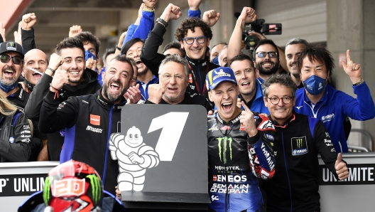 MotoGP rider Fabio Quartararo of France celebrates after winning the Algarve Motorcycle Grand Prix, at the Algarve International circuit near Portimao, Portugal, Sunday, April 24, 2022. (AP Photo/Jose Breton)