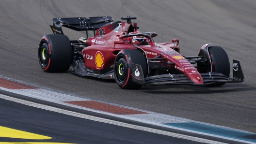 Ferrari driver Charles Leclerc of Monaco races during qualifying for the Formula One Miami Grand Prix auto race at the Miami International Autodrome, Saturday, May 7, 2022, in Miami Gardens, Fla. (AP Photo/Lynne Sladky)