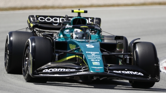 Aston Martin driver Sebastian Vettel of Germany steers his car during practice session at the Barcelona Catalunya racetrack in Montmelo, Spain, Friday, May 20, 2022. The Formula One race will be held on Sunday. (AP Photo/Joan Monfort)