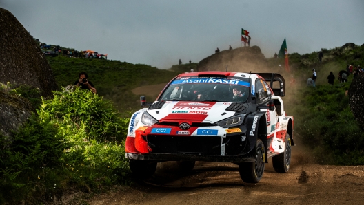 Elfyn Evans (GB) Scott Martin (GB) Of team TOYOTA GAZOO RACING WRT    is seen performing during the  World Rally Championship Portugal in Porto, Portugal on  21,May // Jaanus Ree / Red Bull Content Pool // SI202205210482 // Usage for editorial use only //