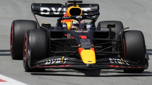 Red Bull driver Max Verstappen of the Netherlands steers his car during the third practice session at the Barcelona Catalunya racetrack in Montmelo, Spain, Saturday, May 21, 2022. The Formula One race will be held on Sunday. (AP Photo/Manu Fernandez)