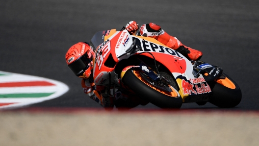 Honda Spanish rider Marc Marquez rides rides during the first free practice session ahead the Italian Moto GP Grand Prix at the Mugello race track, Tuscany, on May 27, 2022. (Photo by FILIPPO MONTEFORTE / AFP)