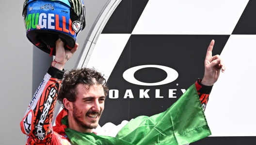 Italy's Francesco Bagnaia Ducati Lenovo Team celebrates after the MotoGp Motorcycling Grand Prix of Italy at the Mugello circuit in Scarperia, central Italy, 29 May 2022. ANSA/CLAUDIO GIOVANNINI