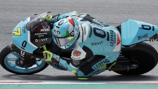 epa09994064 Italian Moto3 rider Dennis Foggia of the Leopard Racing team in action during the free practice session of the Motorcycling Grand Prix of Catalonia at Montmelo racetrack, near Barcelona, Spain, 03 June 2022. The Motorcycling Grand Prix of Catalonia will take place on 05 June 2022.  EPA/Andreu Dalmau