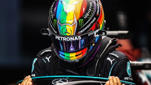 DOHA, QATAR - NOVEMBER 19: Lewis Hamilton of Great Britain and Mercedes GP prepares to drive in the garage during practice ahead of the F1 Grand Prix of Qatar at Losail International Circuit on November 19, 2021 in Doha, Qatar. (Photo by Dan Istitene - Formula 1/Formula 1 via Getty Images)