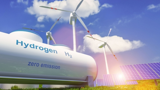 Hydrogen renewable energy production - hydrogen gas for clean electricity solar and windturbine facility. 3d rendering.