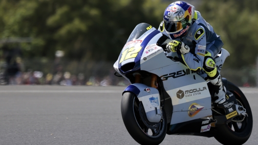 Czech Republic's rider Filip Salac of the Gresini Racing Moto2 steers his motorcycle during the Moto2 race of the French Motorcycle Grand Prix at the Le Mans racetrack, in Le Mans, France, Sunday, May 15, 2022. (AP Photo/Jeremias Gonzalez)