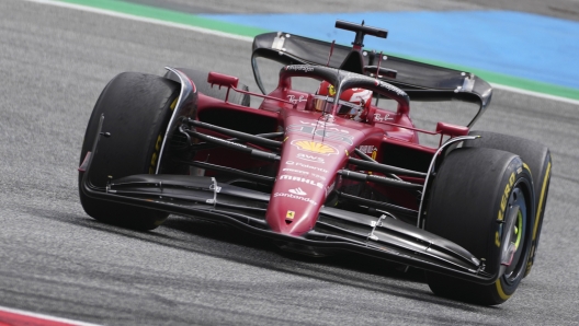 Ferrari driver Charles Leclerc of Monaco steers his car during the Austrian F1 Grand Prix at the Red Bull Ring racetrack in Spielberg, Austria, Sunday, July 10, 2022. (AP Photo/Matthias Schrader)