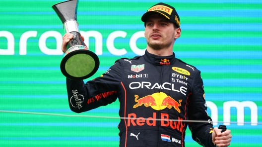 BUDAPEST, HUNGARY - JULY 31: Race winner Max Verstappen of the Netherlands and Oracle Red Bull Racing celebrates on the podium during the F1 Grand Prix of Hungary at Hungaroring on July 31, 2022 in Budapest, Hungary. (Photo by Francois Nel/Getty Images)